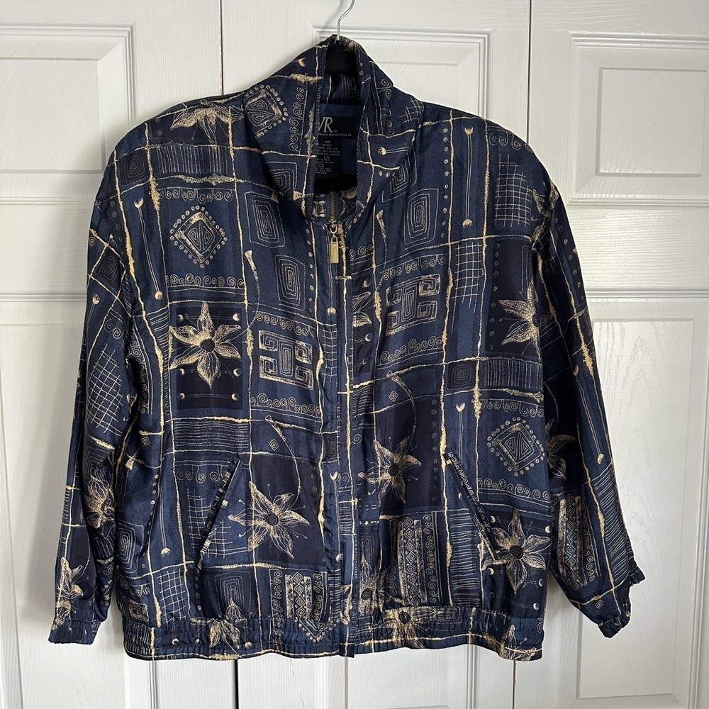 Vintage EVR Jacket Womens Large Blue Silk Bomber Zip Front Abstract Floral Artsy